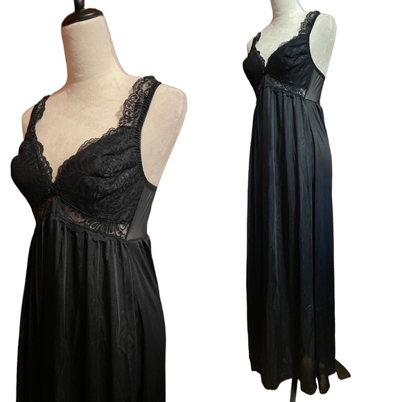 Vintage 80s Scaasi Nylon Full Length Lace Panel Slip Dress Gown Medium 36 Bust - Picture 3 of 7